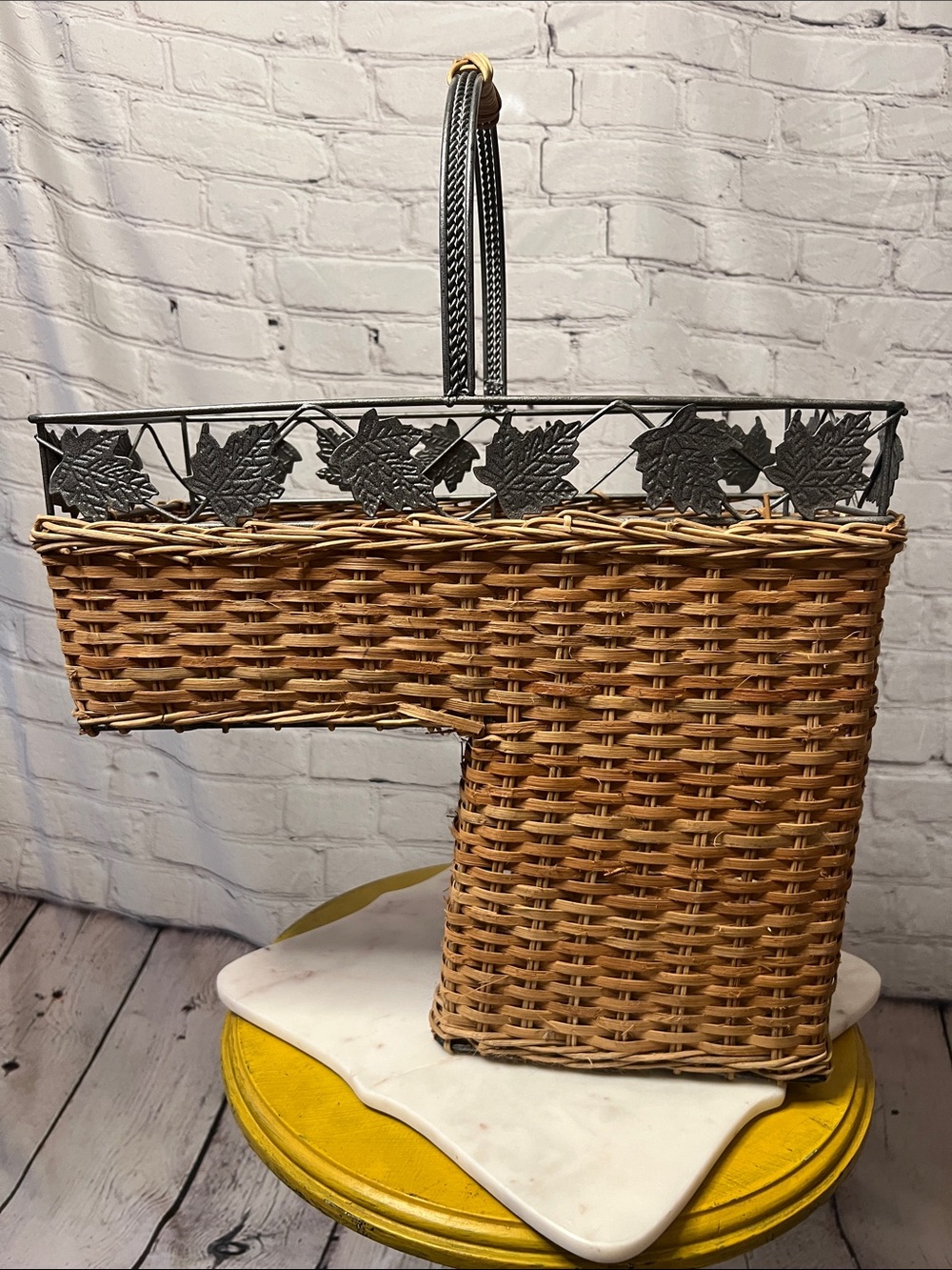 Vintage stair step Wicker Basket Metal Maple Leaf Handle Rustic Farmhouse Decor